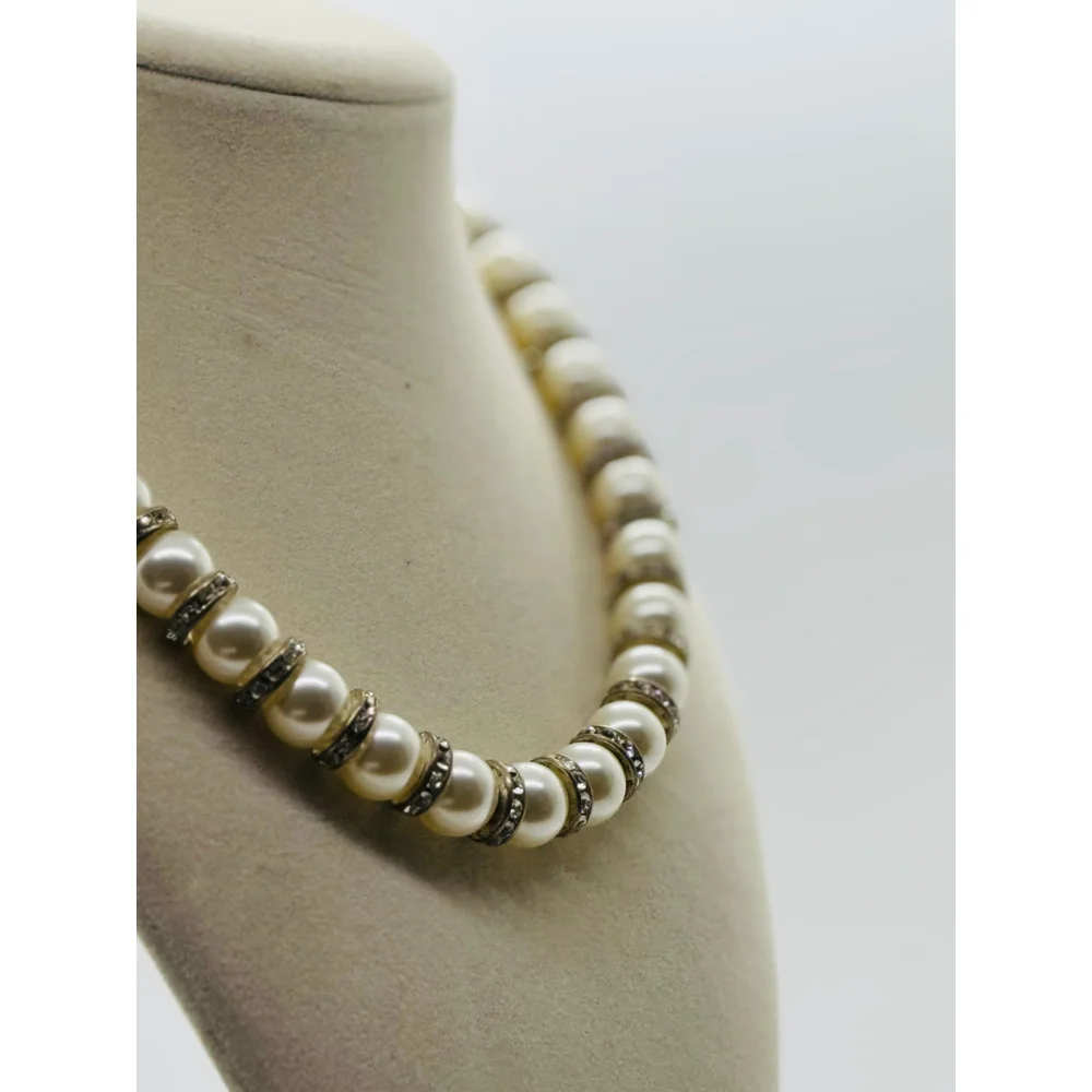 Vtg 90s Glass Faux‎ Pearl And Rhinestone Necklace 15